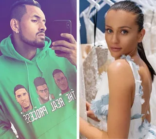 Man in a green hoodie takes a selfie; woman with ponytail in a white dress poses in a store.
