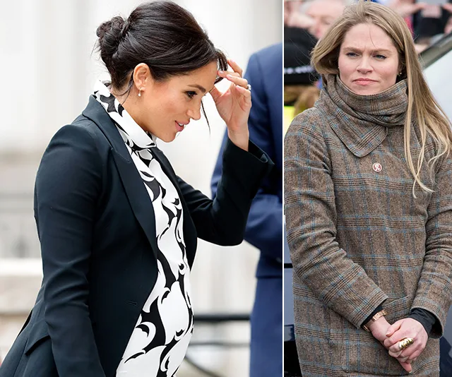 Meghan Markle in a patterned dress, black blazer; another woman in a plaid coat in a side-by-side image.