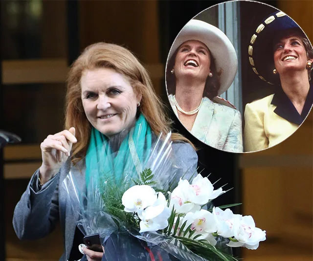 Sarah Ferguson holds flowers; inset shows her with Princess Diana.