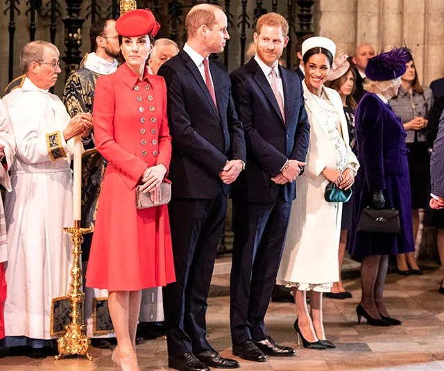 Royal couple at Commonwealth Day service, Prince Harry and Meghan Markle smiling; Kate Middleton in red beside Prince William.
