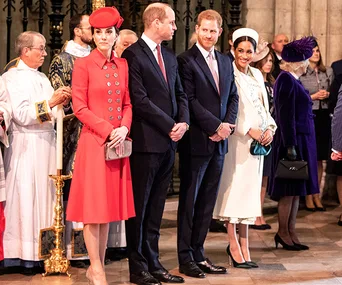 Royal couple at Commonwealth Day service, Prince Harry and Meghan Markle smiling; Kate Middleton in red beside Prince William.