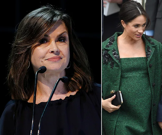 Lisa Wilkinson speaking at a microphone; Meghan Markle in a green outfit holding a clutch.