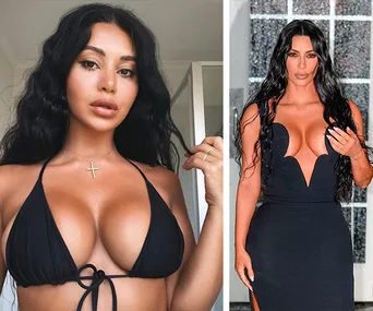 Martha Kalifatidis on left in a black bikini top; on right, a woman in a black dress with long hair, both indoors.
