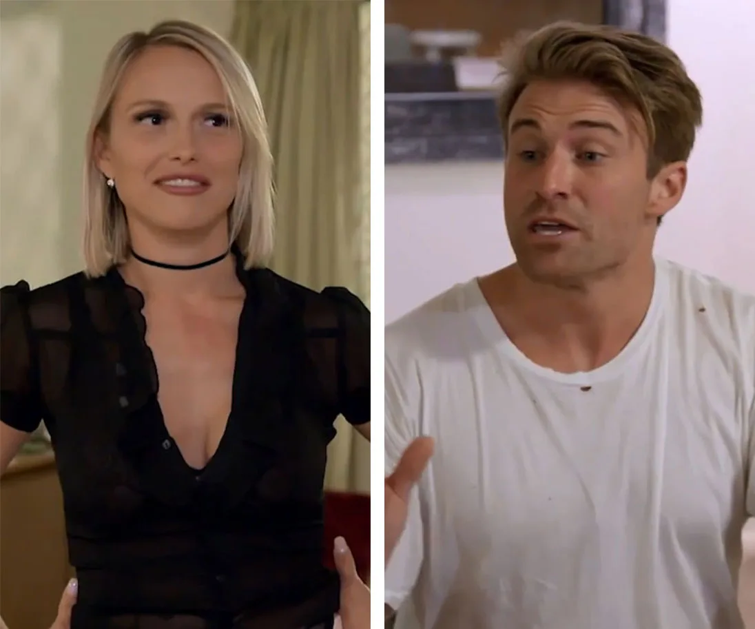 A man and woman from a reality TV show having a conversation, with the man appearing animated and the woman attentive.