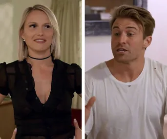 A man and woman from a reality TV show having a conversation, with the man appearing animated and the woman attentive.