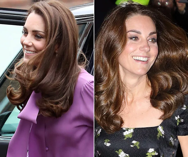 Kate Middleton smiling in two different outfits: a purple blouse and a floral dress.