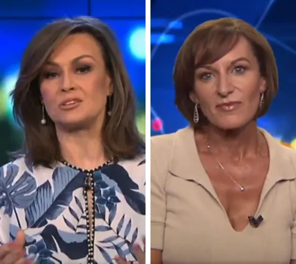 Two women speaking on a TV show set, with one wearing a floral top and the other a beige outfit.