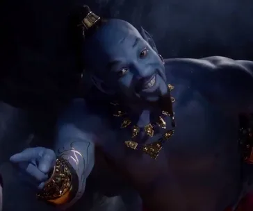 Genie from Aladdin, in blue with a smile, points playfully while surrounded by a dark, mystical background.