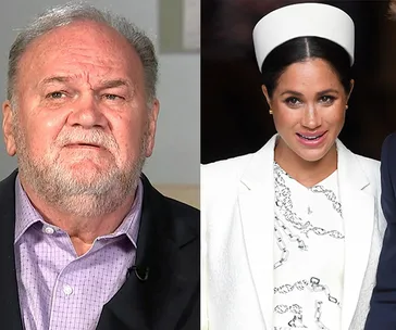 Two side-by-side images: a man in a purple shirt, and a woman in a white outfit with a matching hat.