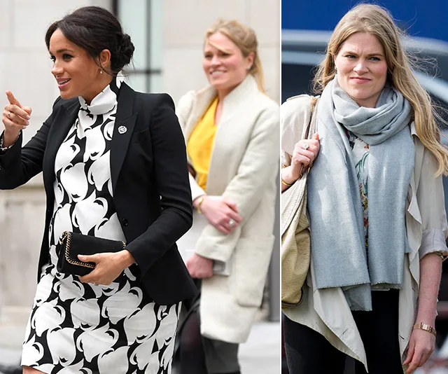 Meghan Markle in black and white dress with woman in white coat, right image shows woman in a scarf outdoors.