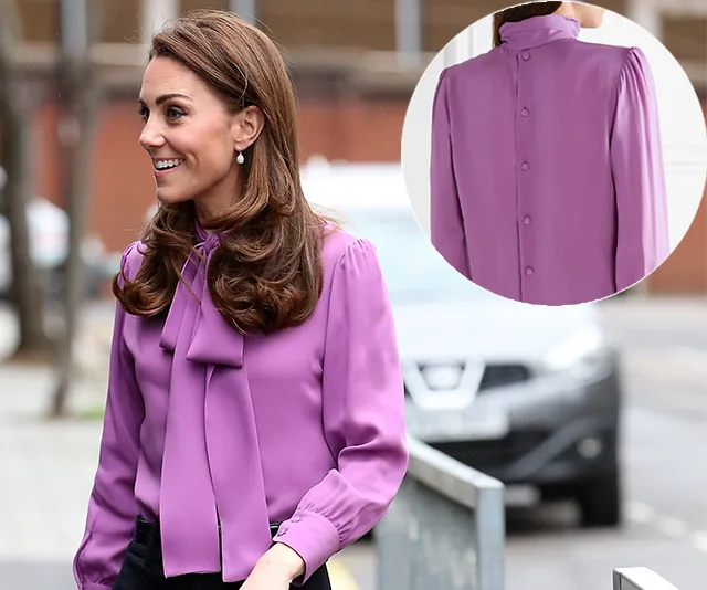 Kate Middleton wearing a purple blouse with a tied bow, smiling outdoors; inset shows blouse's buttoned back detail.