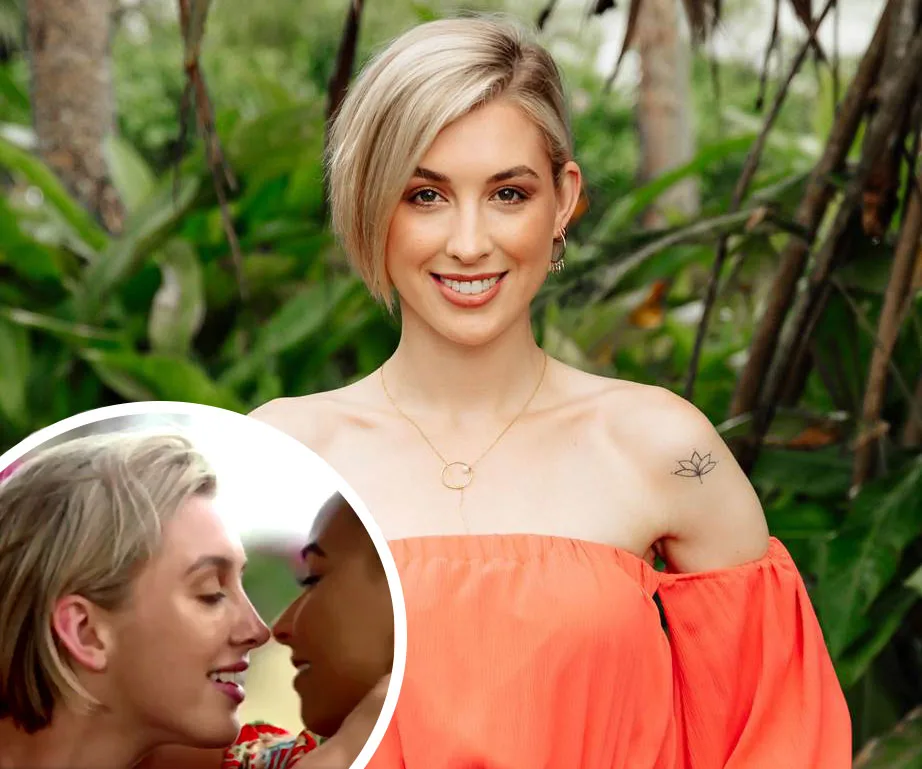 A woman in a coral top smiles outdoors; inset shows two women leaning in for a kiss in close-up.