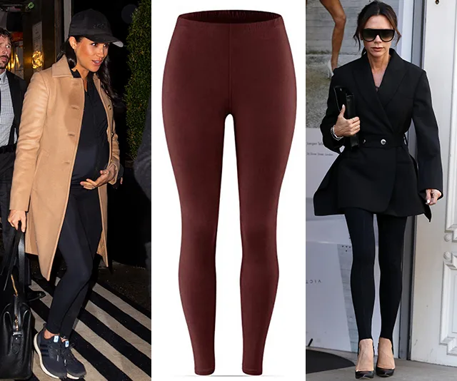 Three images: A pregnant woman in black outfit; maroon leggings; woman in black coat and leggings with heels.