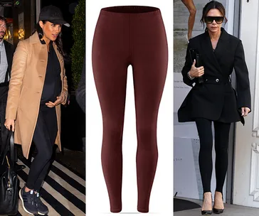 Three images: A pregnant woman in black outfit; maroon leggings; woman in black coat and leggings with heels.