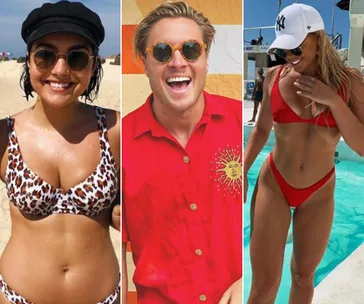 Three people enjoying summer: one woman in a leopard bikini, a man in a red shirt, and another woman in a red bikini by the pool.