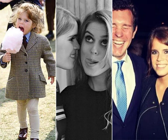 A collage of childhood, playful moments, and smiling friends, possibly related to Princess Eugenie's Instagram.