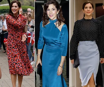 Three outfits include a red floral dress, blue satin gown, and black polka dot blouse with light blue skirt.