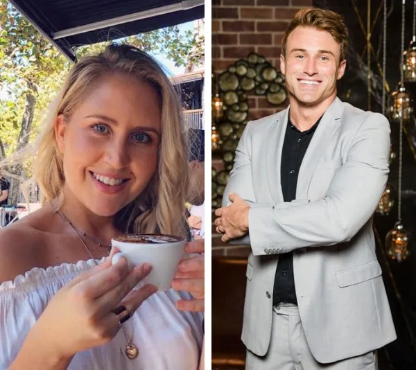 Two side-by-side images: woman smiling with a coffee, man in a gray suit smiling in front of a decor wall.