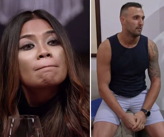 Two individuals from "Married at First Sight": a woman looking serious, and a man seated, both in casual clothing.