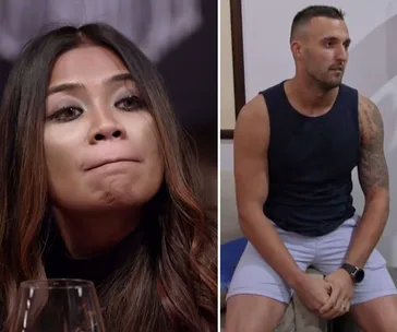 Two individuals from "Married at First Sight": a woman looking serious, and a man seated, both in casual clothing.