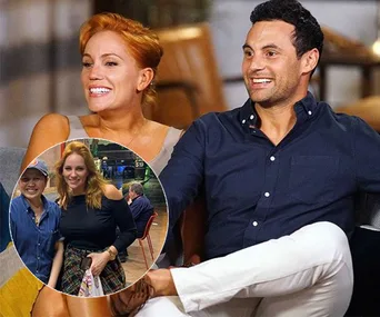 Couple smiling on a couch; inset shows woman with red hair posing with a friend.
