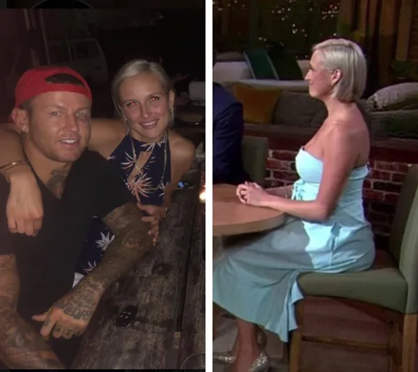 Couple hugging at night; woman sitting on a studio set in a light blue dress.