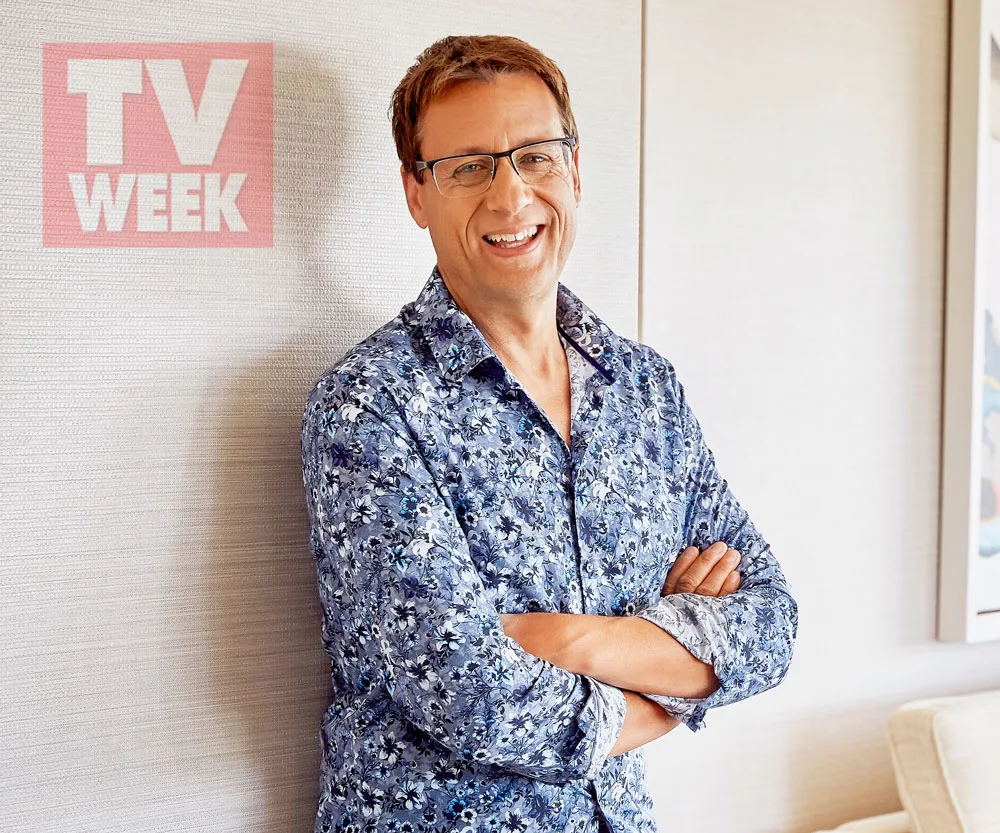 TV Week magazine covers, featuring a man in a floral shirt smiling with arms crossed against a neutral wall.