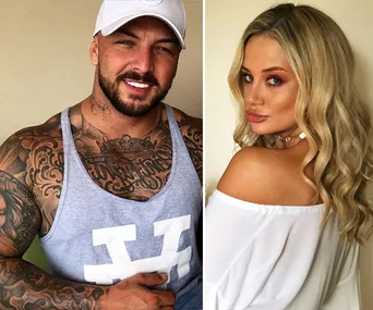 Man in a cap and tank top with tattoos, and blonde woman in off-shoulder top posing side by side.