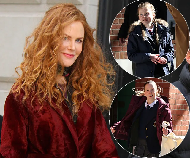 Nicole Kidman smiling with two younger girls in inset images wearing coats, outdoors.