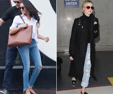 Two women in casual outfits with ripped jeans and sunglasses; one carries a brown tote, the other wears a black coat.