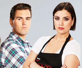 Male in plaid shirt and female in apron from "My Kitchen Rules" pose confidently against a plain background.