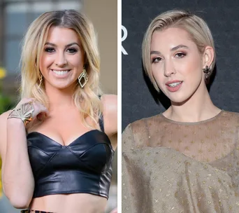 Two side-by-side photos show a woman; on the left with long hair and a black outfit, on the right with short hair and a shimmery top.