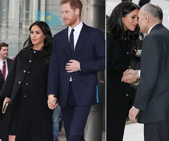 Meghan and Harry in black attire, holding hands; Meghan greeting a man with a traditional Māori hongi.