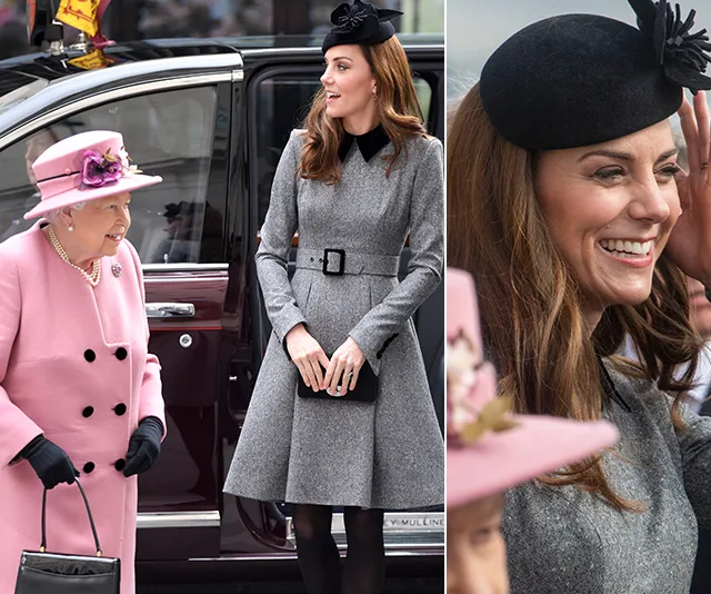 Kate Middleton and Queen Elizabeth in stylish coats, smiling at a public appearance; Kate in grey, Queen in pink.