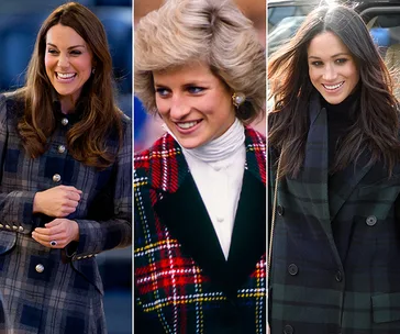 Three women in tartan coats, each smiling, posing in a collage.