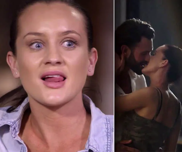 Two scenes from "Married at First Sight": woman reacting, couple embracing closely in low light.