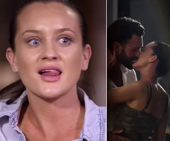 Two scenes from "Married at First Sight": woman reacting, couple embracing closely in low light.