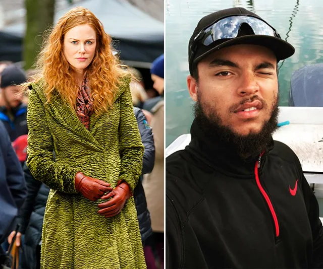 On the left, a woman in a green coat and gloves. On the right, a man with a beard in a cap and sunglasses.
