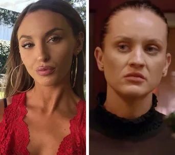 Two images side by side: left shows a woman in a red top with hoop earrings, right shows a woman with slicked-back hair.