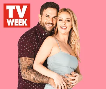 A smiling couple embraces against a pink background with the "TV WEEK" logo visible.