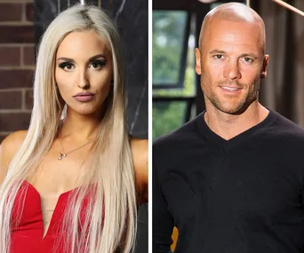 Dual portrait of a woman in a red dress with long blonde hair and a man in a black top with a shaved head.