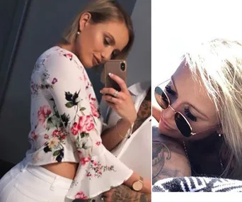 Person in floral top taking a mirror selfie; another image with same person in sunglasses lying down.
