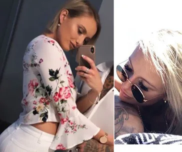 Person in floral top taking a mirror selfie; another image with same person in sunglasses lying down.