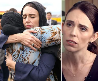 Two images: one showing a woman in a headscarf hugging another woman; the other shows the same woman speaking.
