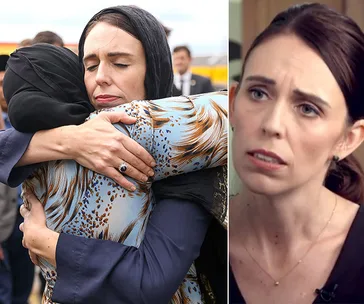 Two images: one showing a woman in a headscarf hugging another woman; the other shows the same woman speaking.