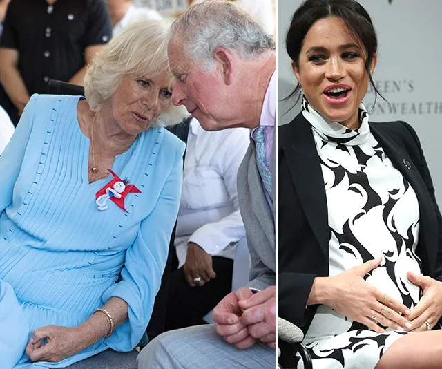 Camilla in blue dress with Prince Charles; Meghan Markle in black and white dress holding her baby bump, seated at events.