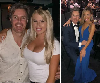 Couple smiling in casual and formal settings; man in suit, woman in blue dress and white top.