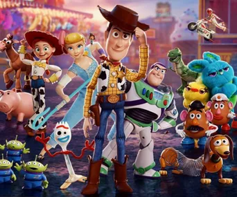 "Toy Story characters Woody and friends stand together in a vibrant carnival setting from Toy Story 4."