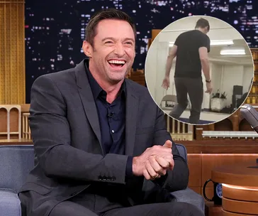 Hugh Jackman laughing on a talk show, with an inset of him practicing tap dancing in a studio.