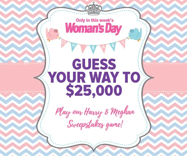 Womans Day Royal Baby Sweepstakes ad with "Guess Your Way to $25,000" and "Harry & Meghan" game.